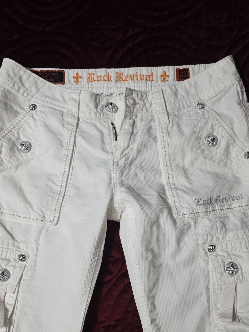 Rock Revival White Corduroy Cargo Capris with Fleur-de-Lis Buttons